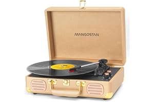 MANGOSTAN Record Player 3 Speed Bluetooth Portable Suitcase, Vinyl Phonograph with Built-in Bass & Speakers, Belt-Driven LP Player Support AUX-in RCA Line Out Headphone Jack, Champagne Gold