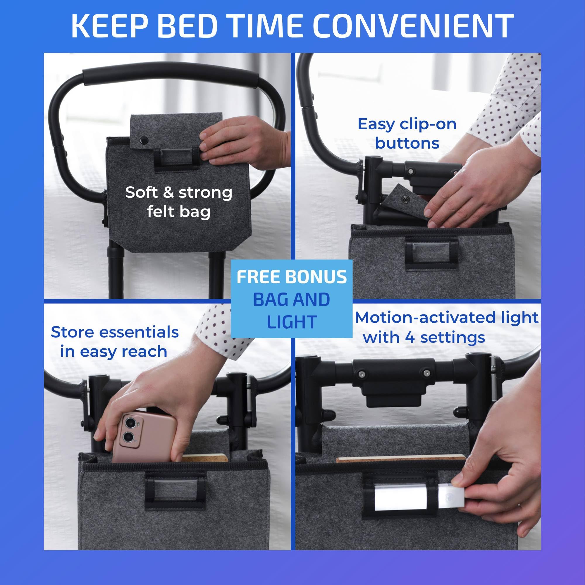 Sturdy Bed Rails for Elderly Adults Safety - Foldable & Adjustable Bed Rail - Supports up to 330lbs - Free Motion Light & Storage Bag - Fit King, Queen, Full, Twin - Bed Guard Rail for Seniors WELLORA