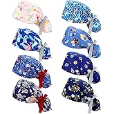 Honoson 8 Pcs Scrub Caps Women Nurse Surgical Hat with Buttons Bouffant Sweatband Adjustable Ponytail Holder Pouch Tie Back