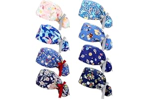 HONOSON 8 Pieces Scrub Caps with Buttons Bouffant Hats with Sweatband Adjustable Ponytail Holder for Women