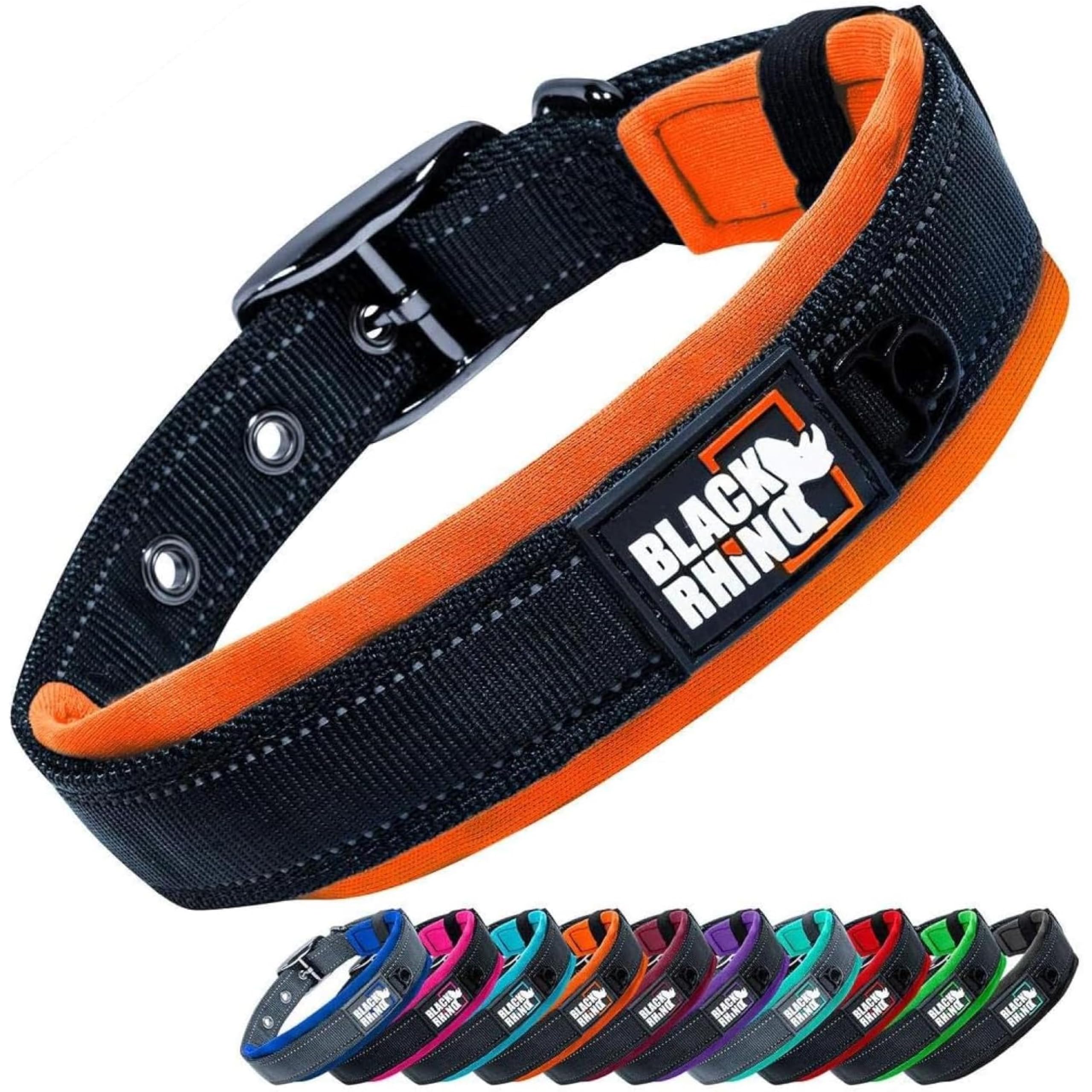 Black Rhino Dog Collar - Heavy-Duty Adjustable and Reflective Waterproof Dog Collars - Soft Neoprene Padded Dog Collar Suitable for All Breeds - Ideal Fit for Active Dogs - Large, Orange and Black