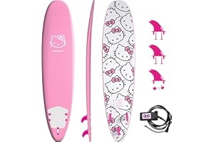 Hello Kitty 8ft Surfboard by Wavestorm | Graphic top Deck with high Density Slick Bottom | for Kids and Adults | Foam Construction with Accessories | Includes Basic Leash