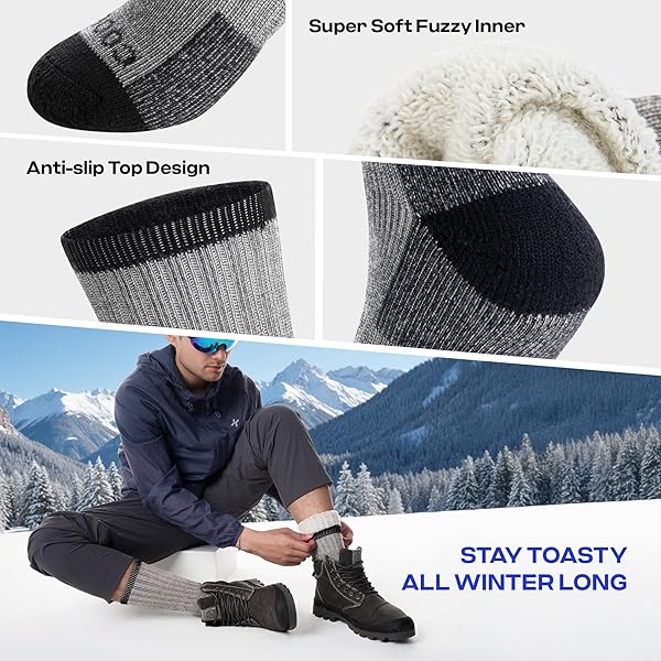 COOLMATE MERINO WOOL HIKING SOCKS FOR MEN – PACK OF 3 SUPER THICK WARM WINTER THERMAL CREW SOCKS WITH ARCH SUPPORT & BLISTER-FREE, GREY-BLACK, L