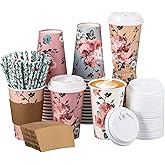 Gerrii 240 Pcs Floral Paper Cups Disposable Coffee Cups Vintage with Lids Sleeves Straws Bulk Hot Drinking Paper Cup for Tea Party Birthday Wedding Supplies Restaurant Events, 4 Style(12 oz)
