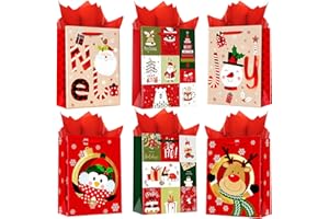 OfficeCastle 6 Pack Christmas Gift Bags with Handles, Medium Size 7x4x9 inch Red Xmas Paper Bags, Reusable Holiday Gift Wrapp