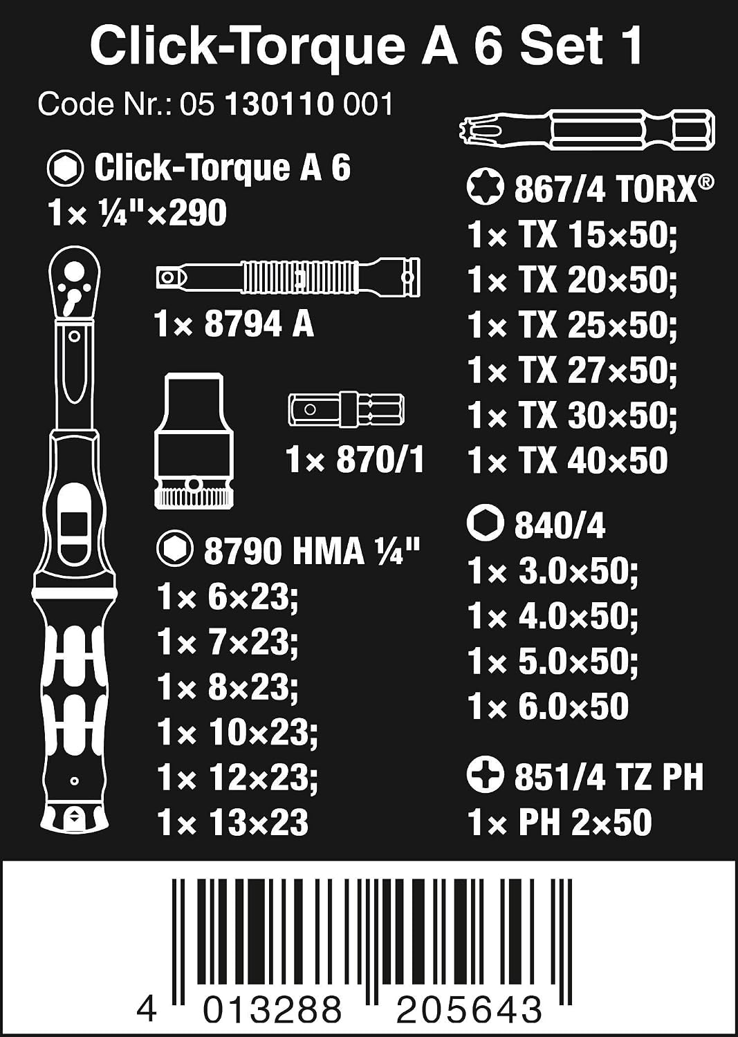 Wera Click-Torque A 6 Set 1 Adjustable Torque Wrench Set, 1/4" Hex Drive, 2.5-25 Nm, 20pc, 05130110001, Colour, Size - Image 3
