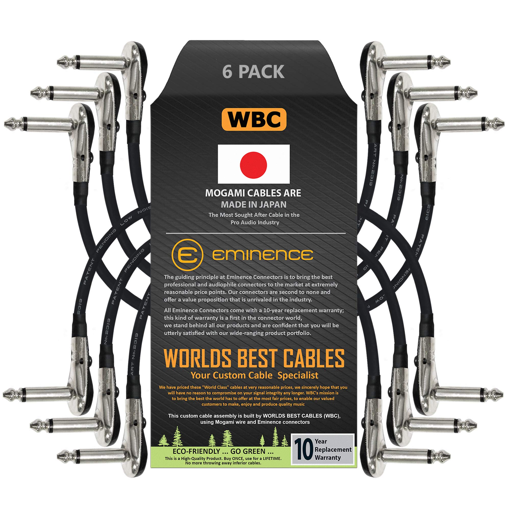 WORLDS BEST CABLES 6 Units - Mogami 2319-9 Inch (22 cm) - Guitar Bass Effects Instrument, Patch Cable with Low-Profile, Right Angled Pancake type TS (6.35mm) Connectors