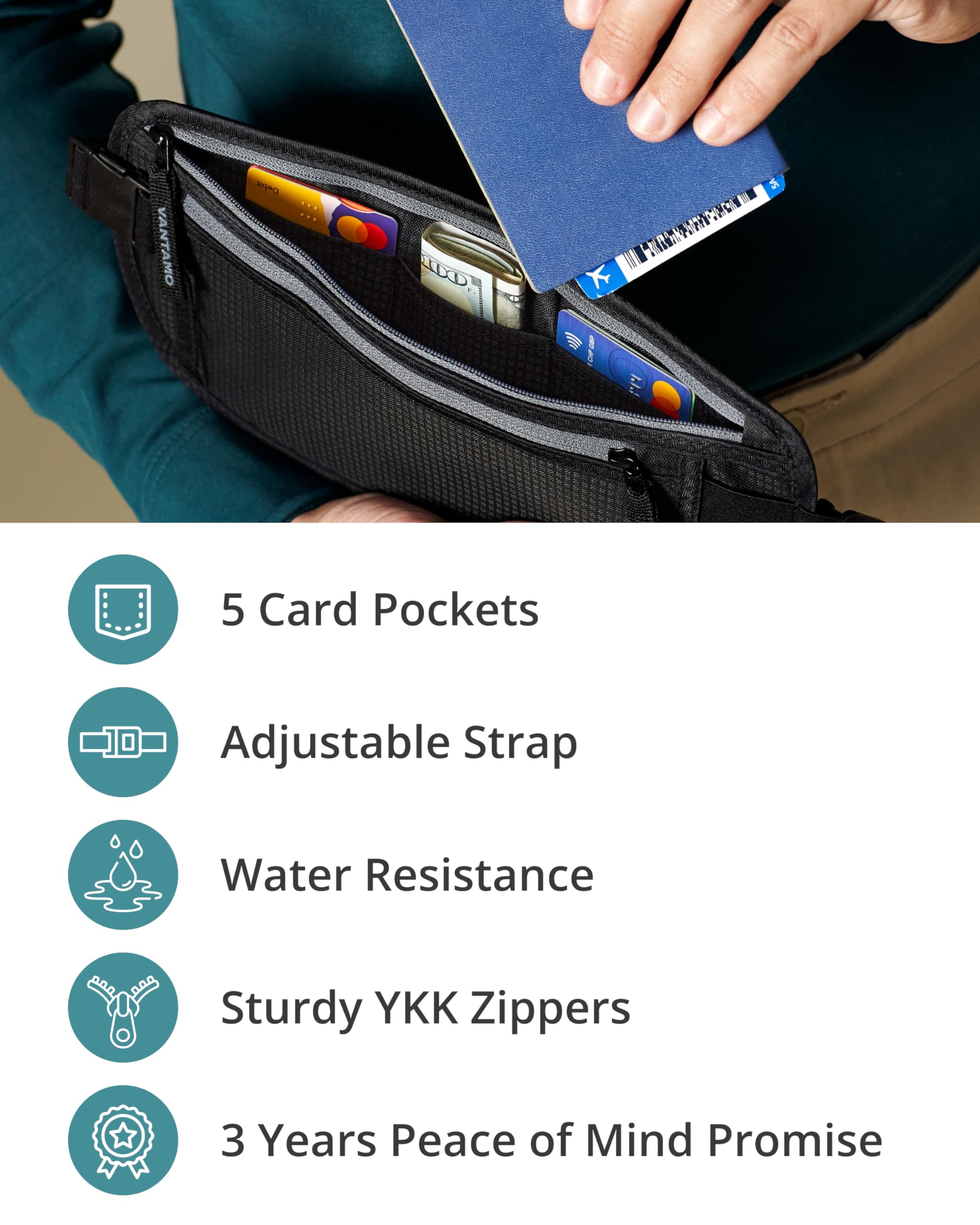 Vantamo Money Belt For Travel Hidden, RFID Protected Waist Wallet, Fits Passport & Phone with cover