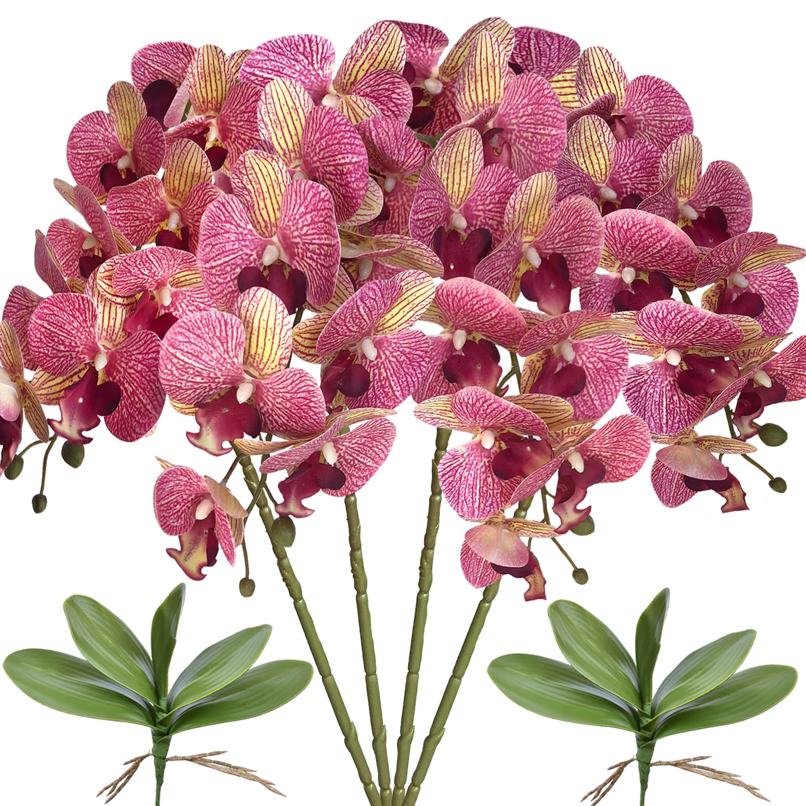 FagusHome 81.3 cm künstliche Phalaenopsis-Blumen, 4 Stück mit 2 Bündeln, Orchideenblumen, Stielpflanzen, Schmetterlinge, Phalaenopsis, Party, Dekoration, Purple Dapple (FH100083)