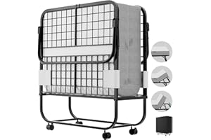 Hyomdeck Folding Bed with Mattress for Adults, Portable Folding Bed with Adjustable Backrest, Cot Size Rollaway Bed with Memory Foam Mattress and Metal Frame on Wheels, Guest Bed, 75‘’ x 31‘’,Black