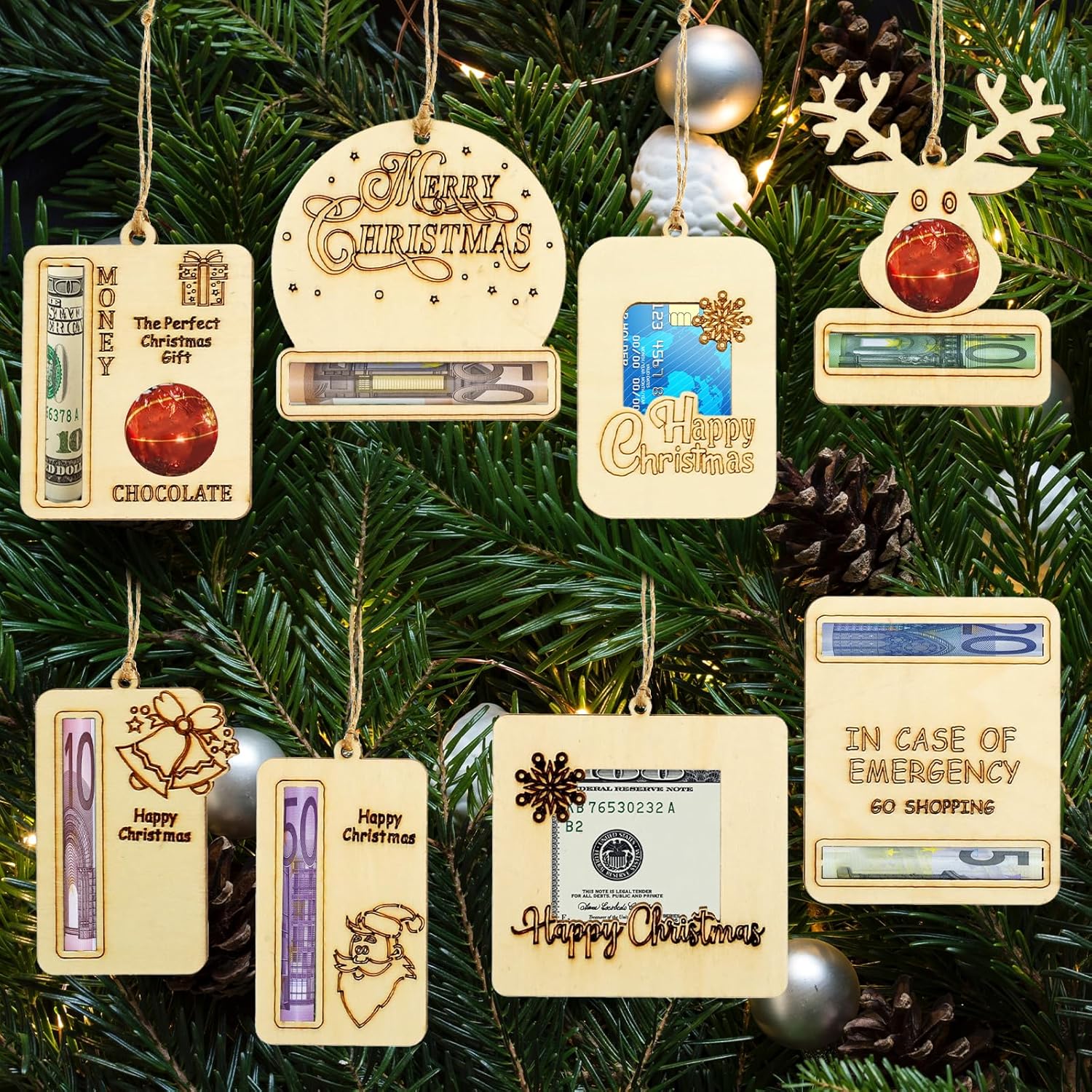 Tree Stands - 6/8Pcs Christmas Money Holder Set for Cash Gift Ideas, Wooden Hanging Cash Holder for Cash Gift Christmas Tree Decorations with Lanyard, Creative Reindeer Xmas Tree Pendant for Window Door (8Set)