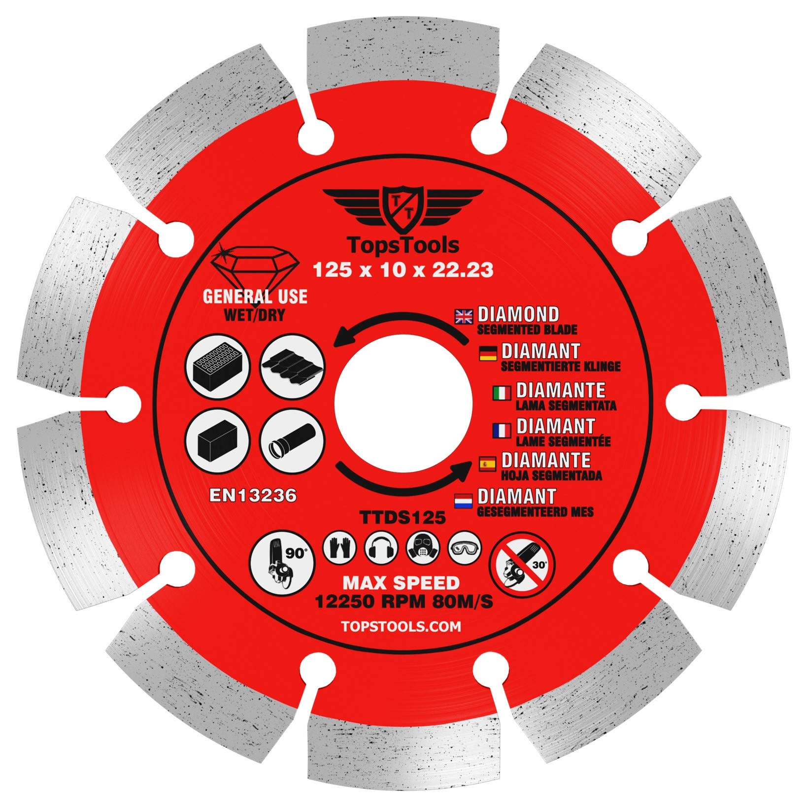 1 x TopsTools TTDS125 125mm (5 inch) x 10mm x 22.23mm Bore Segmented Diamond Angle Grinder Circular Saw Blade