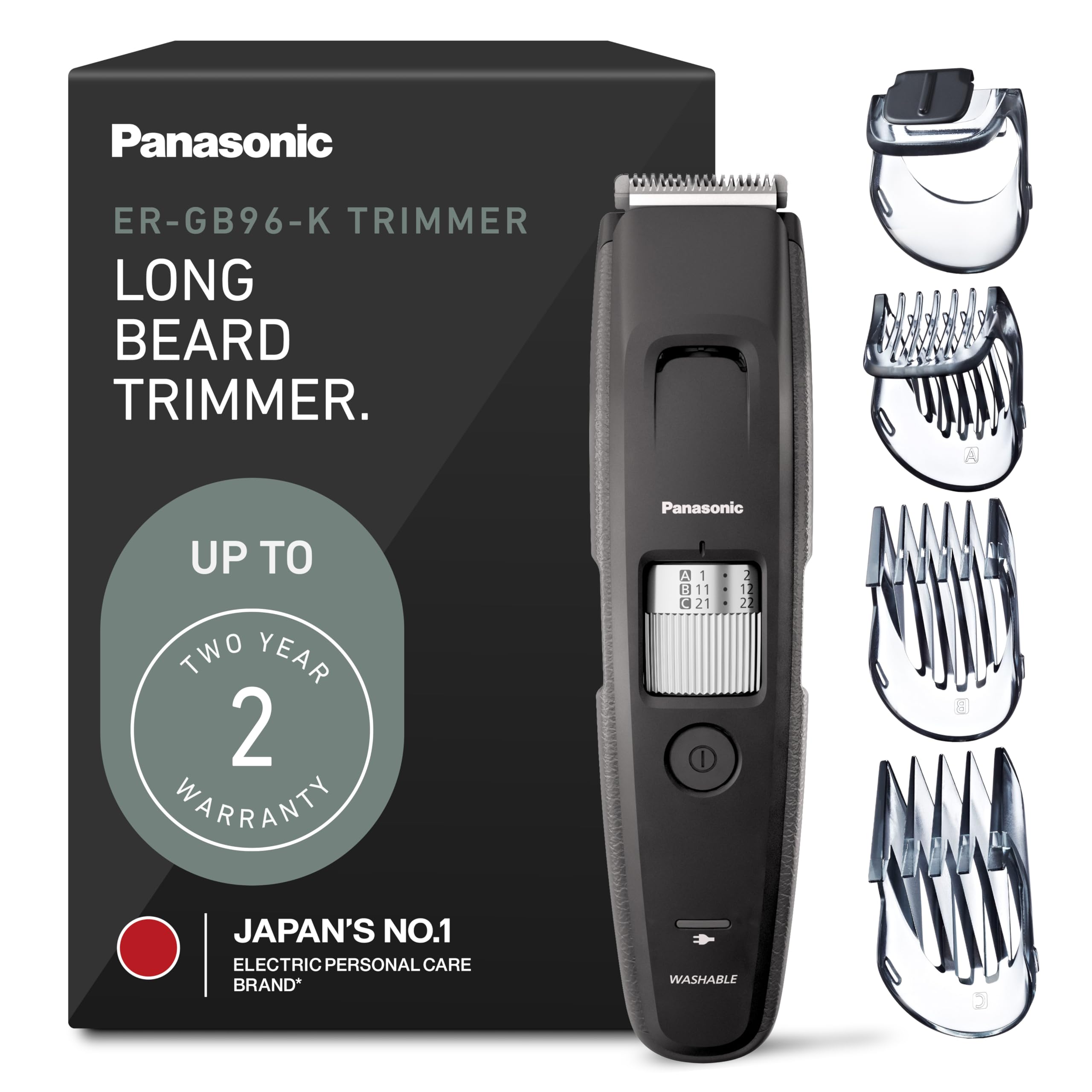 Photo 1 of Panasonic Long Beard Trimmer for Men, 58 Length Settings and 4 Attachments to Cut and Detail, Corded or Cordless Beard Trimmer for Men – ER-GB96-K (Black)