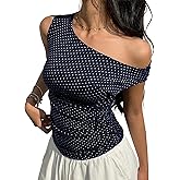 EMMIOL Off Shoulder Tops for Women Cute Sleeveless Polka Dot Shirts Ruched Sexy Going Out Tank Top Y2K Clothes