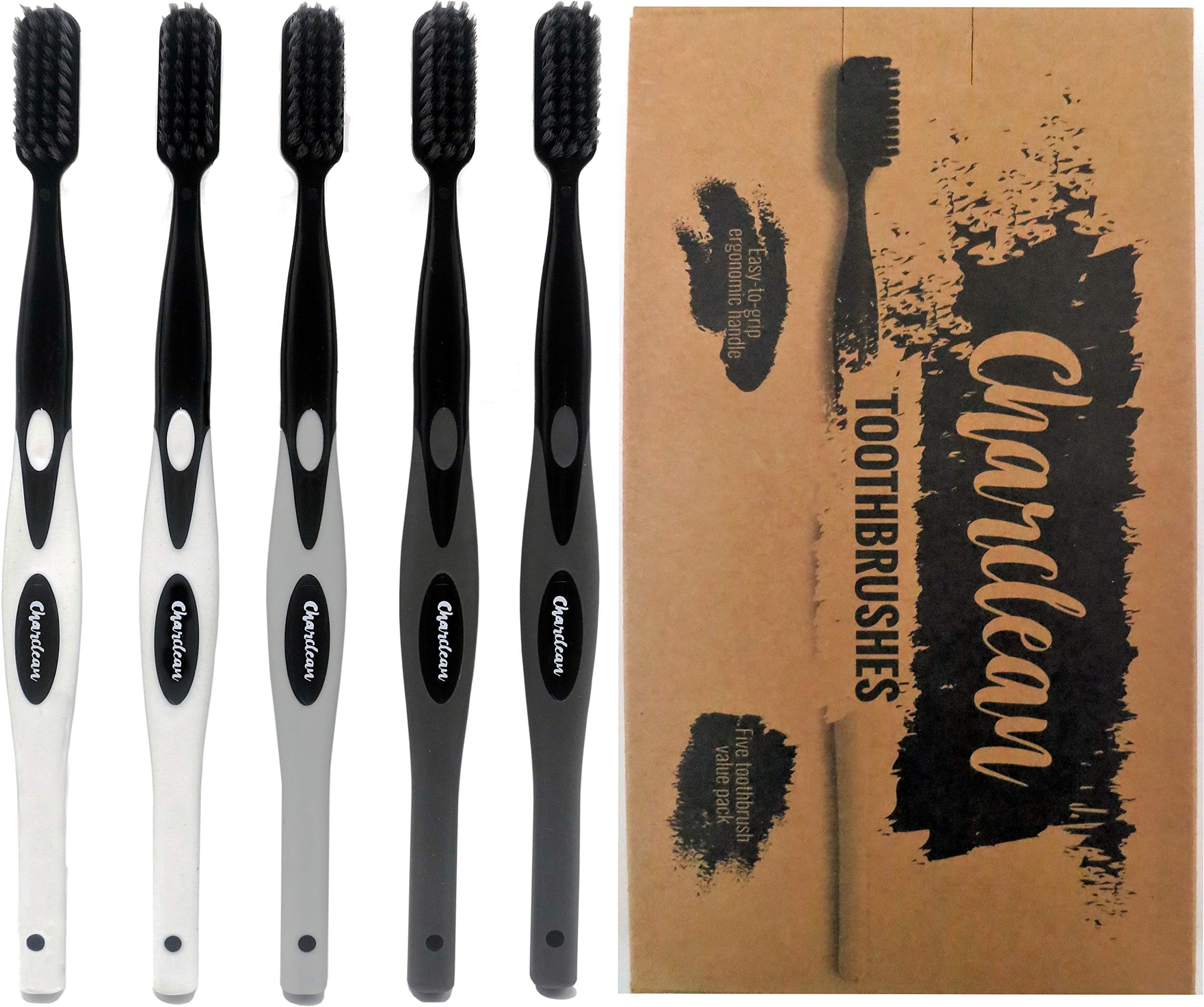 5 Pack Activated Charcoal Infused Toothbrush Ultra Soft Bristles - Naturally Whitening - Ergonomic Soft Touch Handle (Grey)