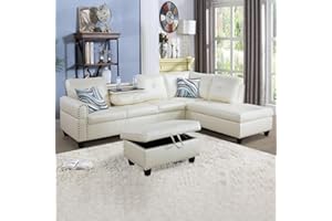 Dyncan 3-Piece L-Shaped Sectional Couch, Faux Leather Upholstered Modular Sofas with Storage Ottoman and Chaise Lounge, Large Button Tufted Living Room Sets w/Foldable Console and Cup Holder (White)