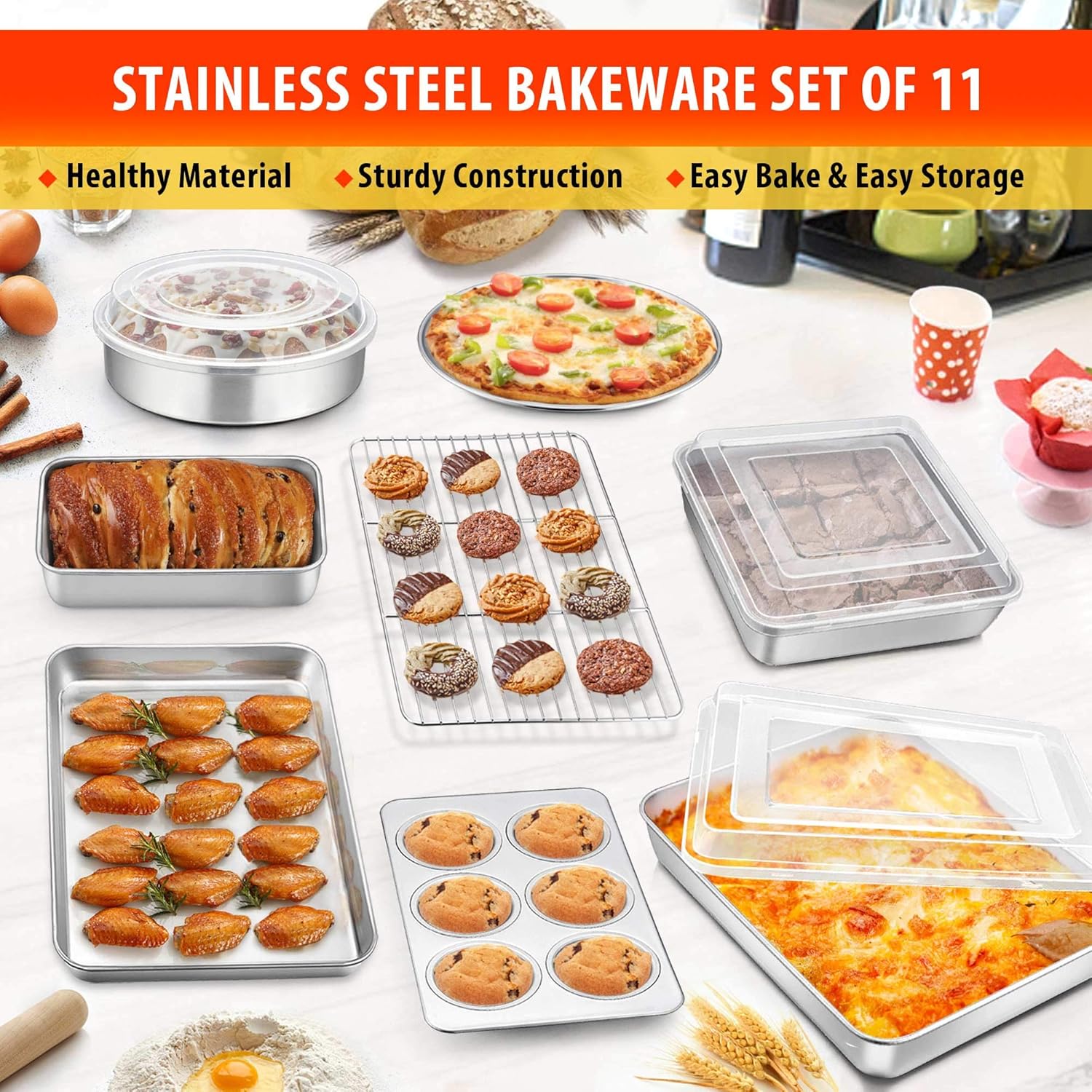 TeamFar Bakeware, Stainless Steel Bakeware Set with Baking Sheet and Rack, Lasagna Pan with Lid, Square & Round Cake Pan with Lid, Muffin Pan & Loaf Pan, Pizza Pan, Healthy & Dishwasher Safe: Kitchen & Dining