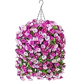 Ammyoo Artificial Fake Hanging Flowers Basket for Spring Decor, Faux Silk Flower in Planter for Summer, Outdoor Artificial Floral for Home Porch Yard(Double Lotus)