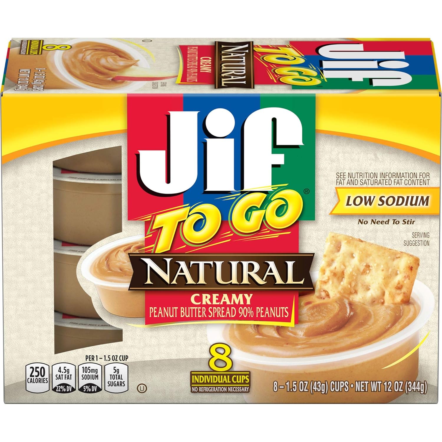 Jif To Go Natural Creamy Peanut Butter, 48-1.5 Ounce Cups, 7g (7% DV) of Protein per Serving, Smooth and Creamy Texture, Snack Size Packs