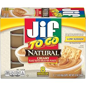 Jif To Go Natural Creamy Peanut Butter, 48-1.5 Ounce Cups, 7g (7% DV) of Protein per Serving, Smooth and Creamy Texture, Snack Size Packs