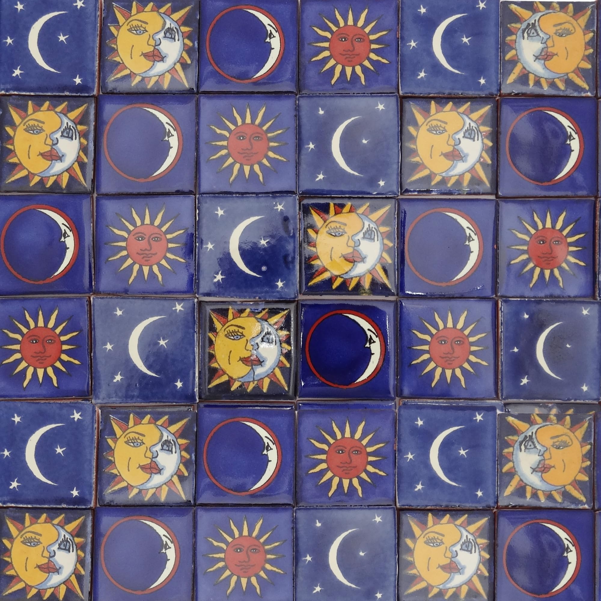 Pack of 50 Assorted Talavera Mexican Handmade 5cm Tiles: 'Sol y Luna'
