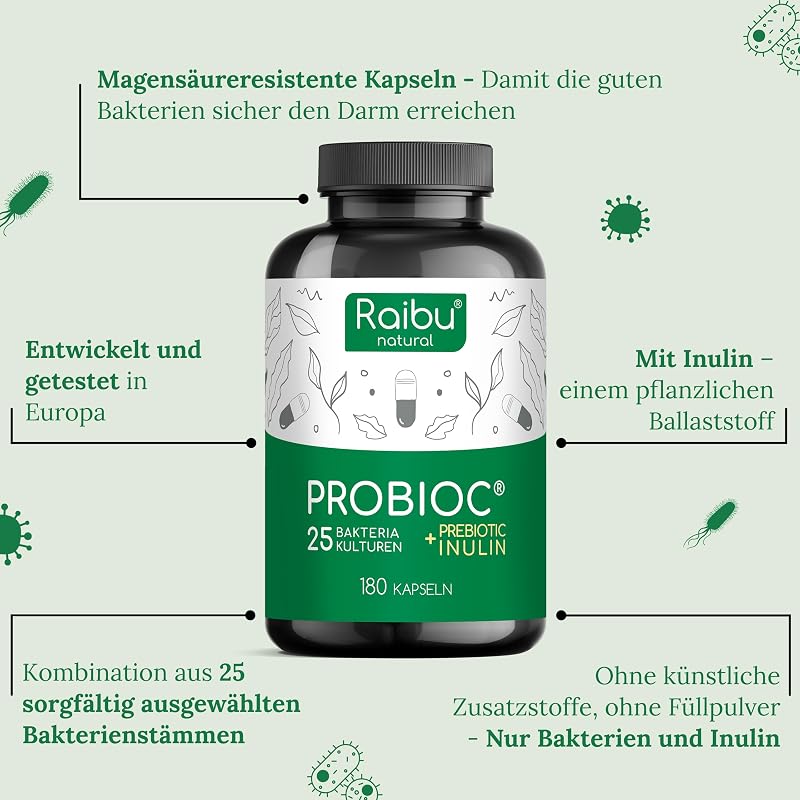 Probioc Kulturen Komplex - 25 Bakterienstämme + Inulin - 300 Mrd. KBE/g - 180 hochdosierte & magensaftresistente Kapseln - mit Lactobacillus & Bifidobakterien - Raibu
