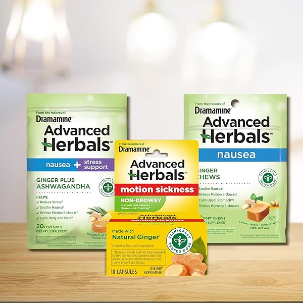 FROM THE MAKERS OF DRAMAMINE, ADVANCED HERBALS GINGER CHEWS FOR NAUSEA RELIEF, MORNING SICKNESS RELIEF & MOTION SICKNESS RELIEF DURING TRAVEL, LEMON-HONEY, 20 COUNT