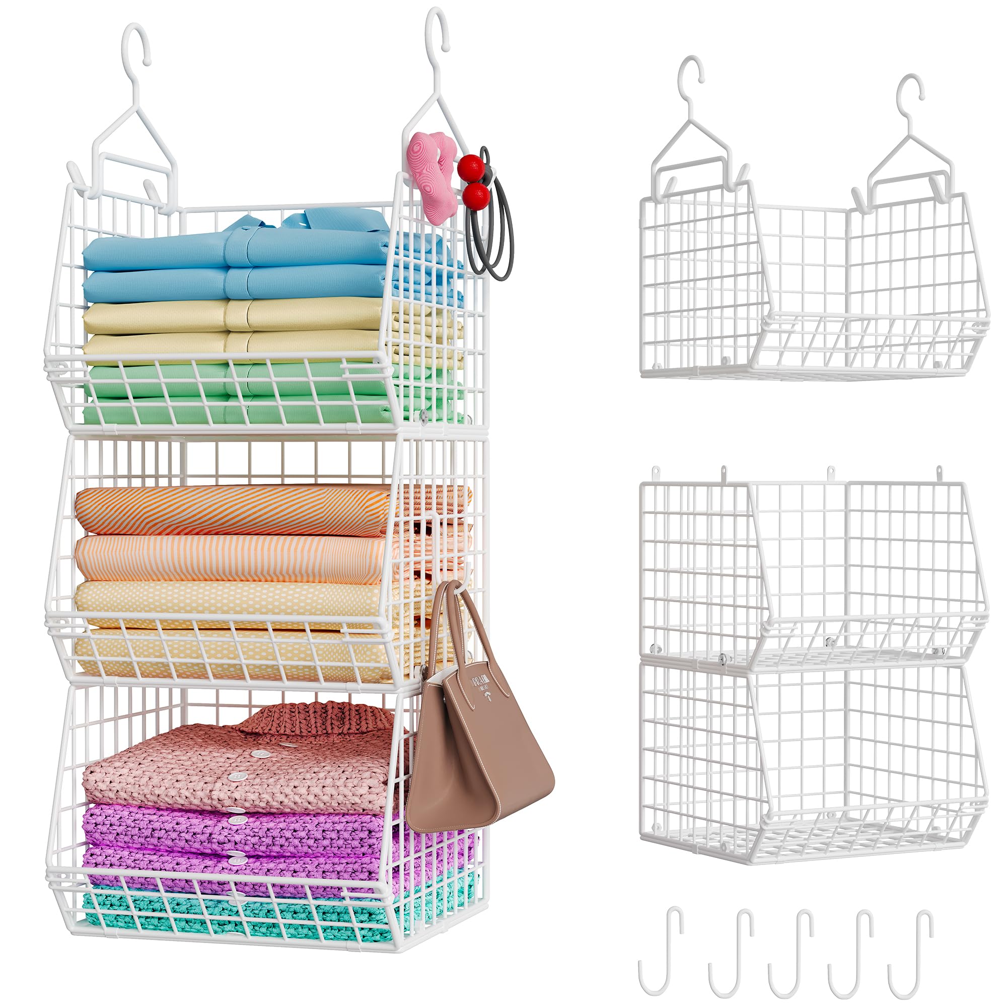 Photo 1 of X-cosrack 3 Tier Foldable Closet Organizer, Clothes Shelves with 5 S Hooks, Wall Mount&Cabinet Wire Storage Basket Bins, for Clothing Sweaters Shoes Handbags Clutches Accessories-White Patent Design
