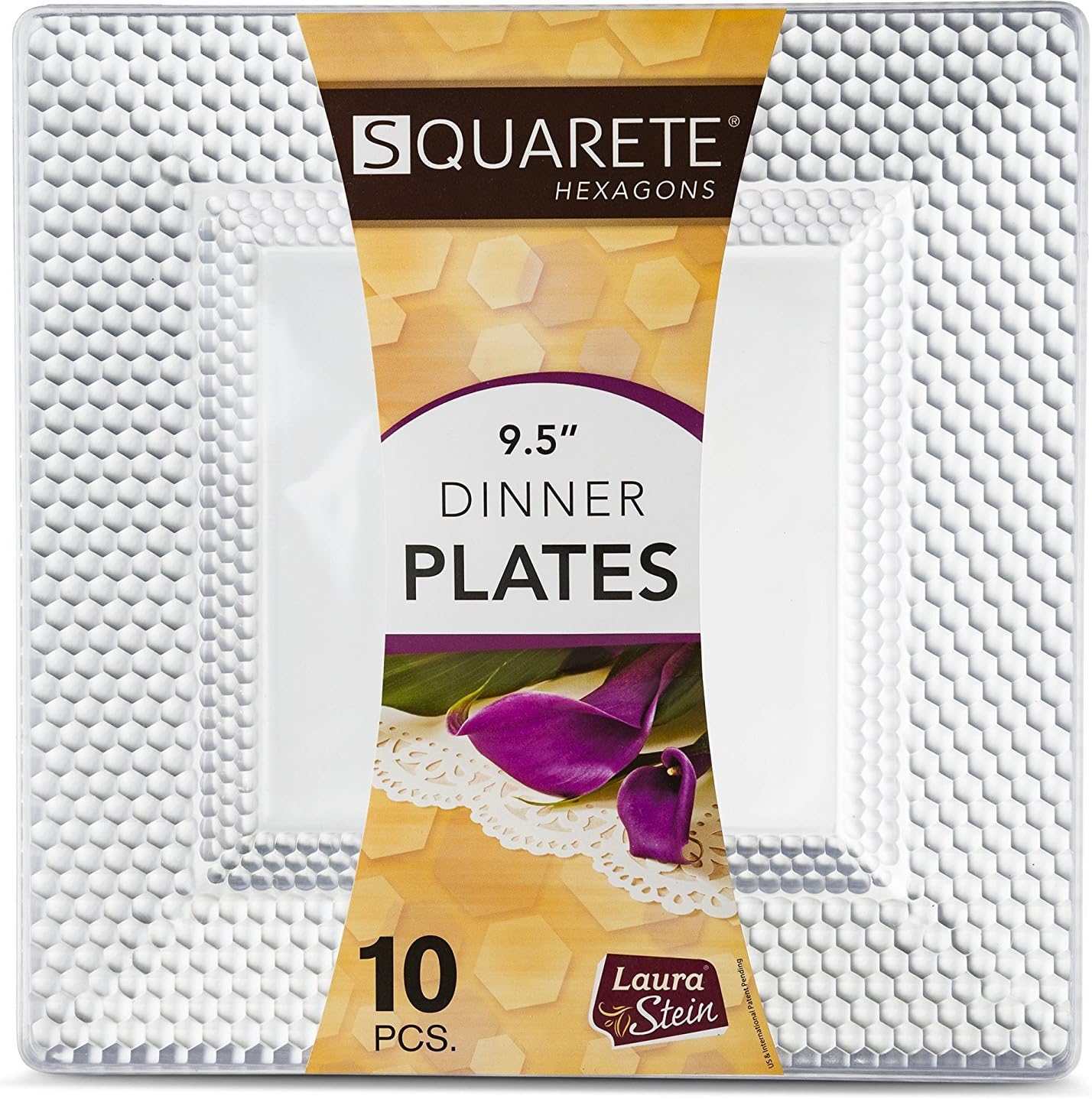 Clear Square Hard Plastic Disposable Hexagon Design Party Plates/Bowls (9.5" 24cm-Plates 10 Pcs.)