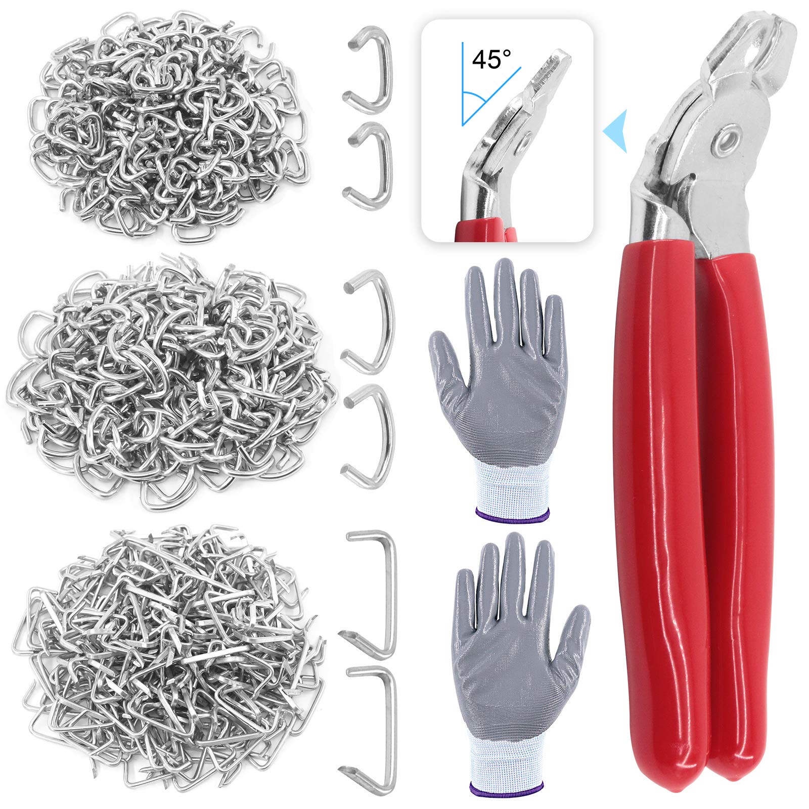 Glarks 362Pcs Hog Ring Pliers Kit with 360Pcs Steel Hog Rings (1/2'' 3/4'' 3/8'') and Anti-Cutting Gloves for Upholstery, Fencing, DIY Craft, Furniture and More