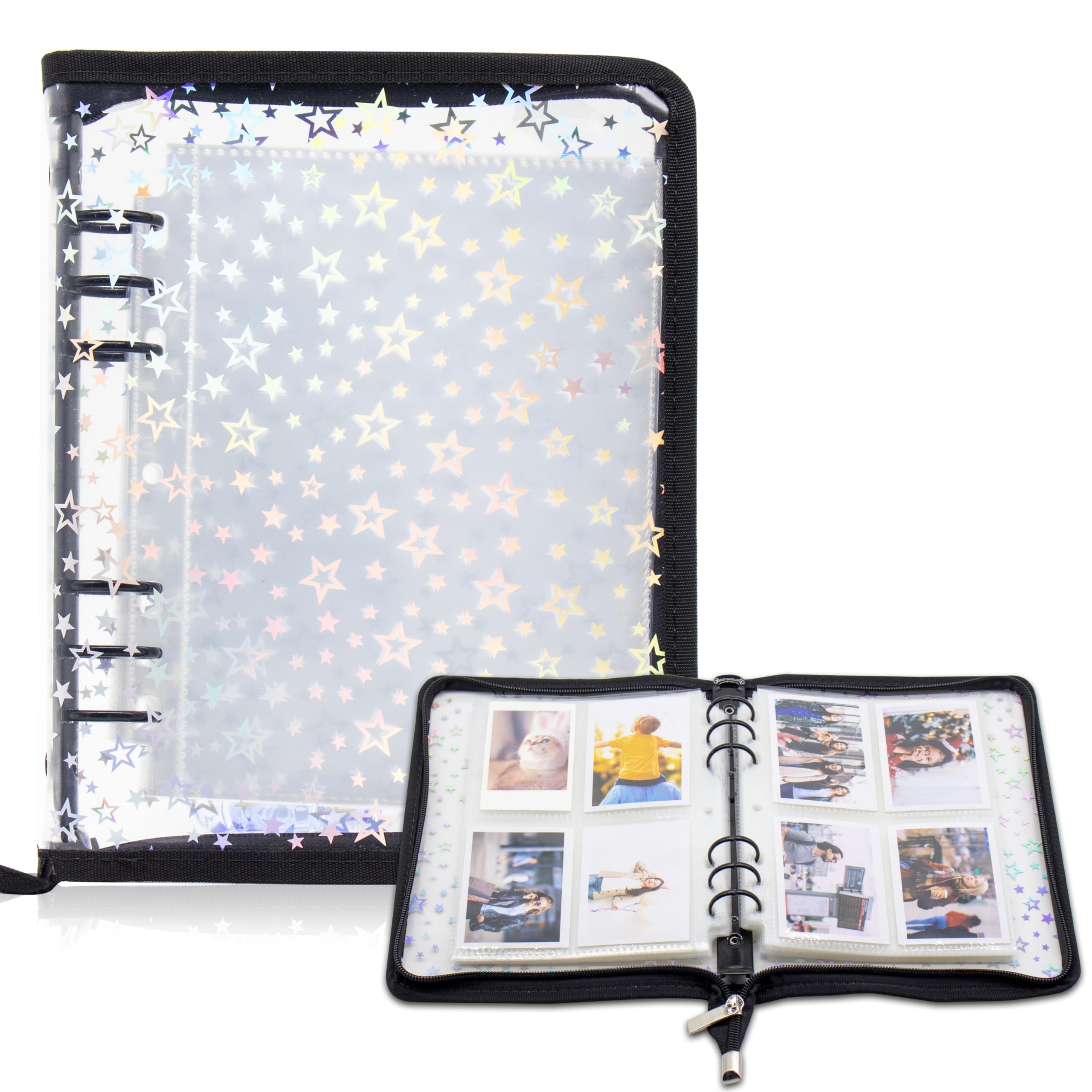 Kpop Photocard Binder Holder with 30 Pack 4-Pocket Inner Pages, A5 6 Ring Cover Album Book with Zipper for Organizing Trading Card (Black)