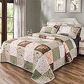 3 Pieces Green Plaid Floral Patchwork Bedding Quilt Set Queen Size Olive Green Peach White Patchwork Quilted Bedspread Set with Red Rose Flower Soft Lightweight Bed Cover All Seasons Coverlet Set