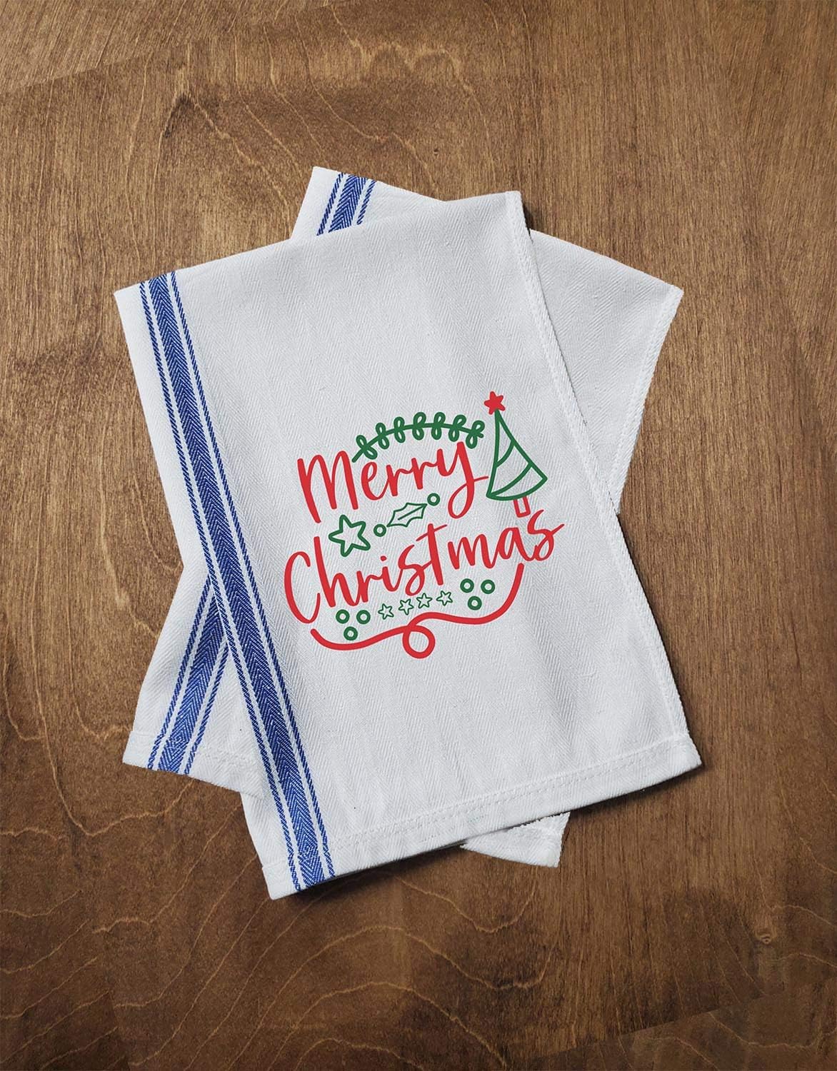 Classic Kitchen Towels Merry Christmas Cute Tree Holly Swirls Holiday Spirit Funny