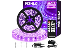 PIZHLO Upgraded 16.4ft/5M LED Black Light Strip Set with Remote, 300 LEDs, 12V Self-Adhesive Dimmable Black Light Fixture, fo
