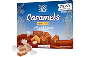 ChocZero Sugar Free Almond Caramels, Soft and Chewy with Roasted Almonds, Keto Candy, All Natural, Low Carb Snack (9oz Box)