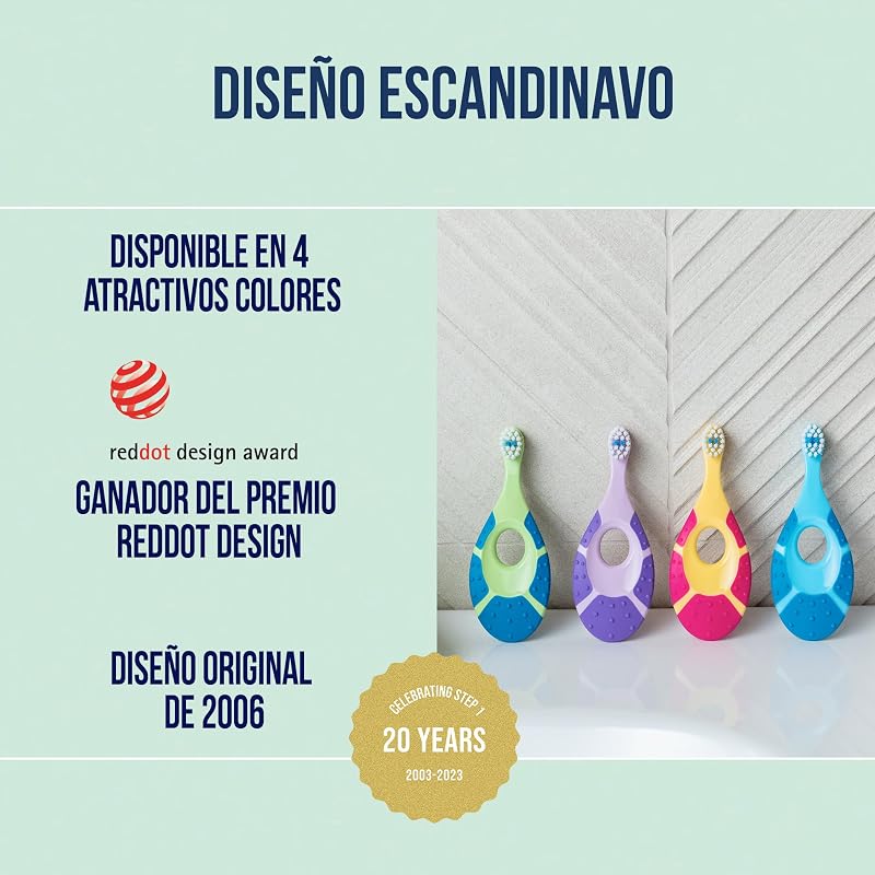 Jordan ® | Step 1 | Cepillo de dientes para bebé 0-2 años | Original con cerdas extra suaves, anillo de mordida suave para encías y fácil agarre | Pack 2 Unidades | Multicolor