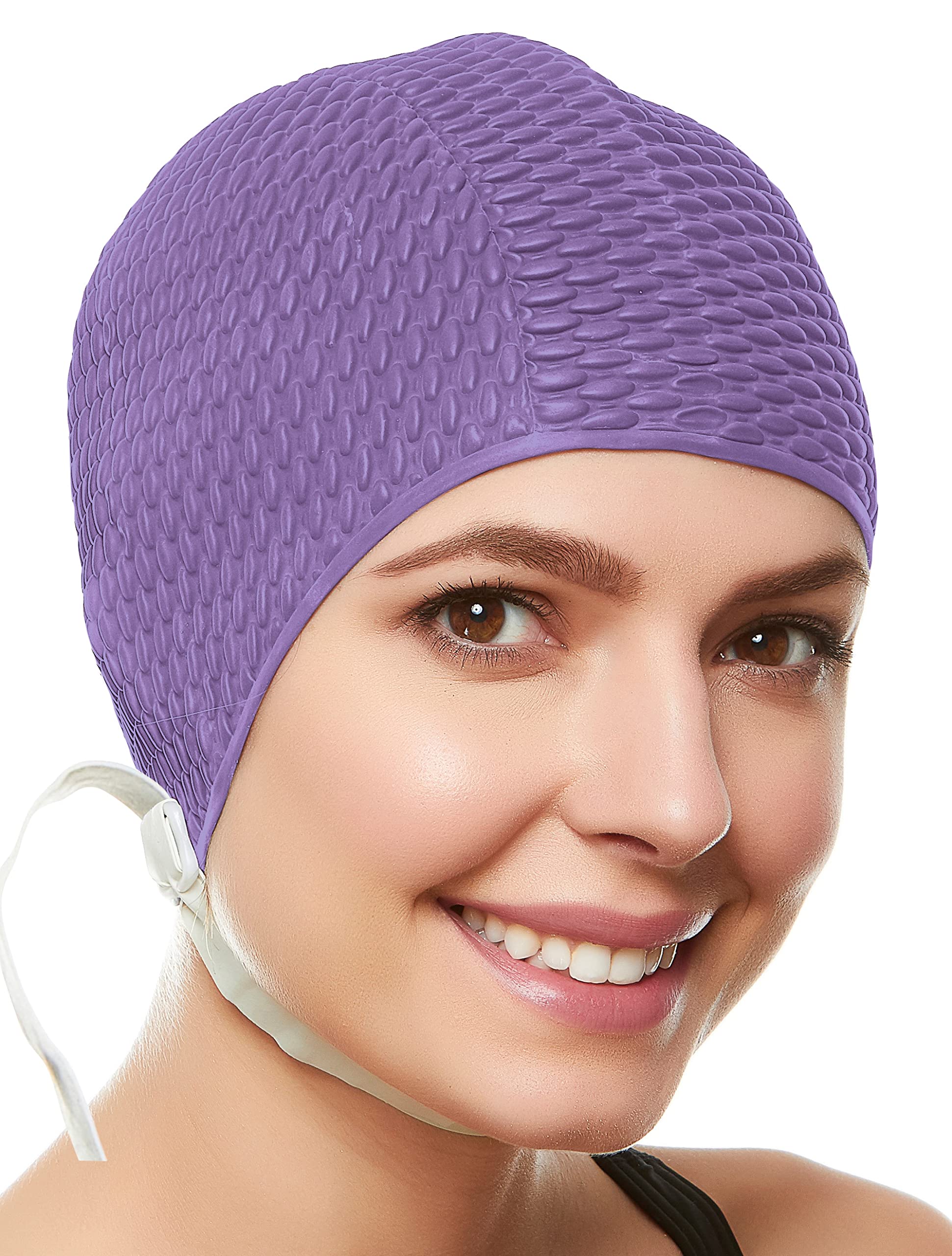 Beemo Swim Bathing Caps for Women or Girls Retro Style Latex Bubble Crepe Swimming Hat with Chin Strap for Long or Short Hair - Lavender
