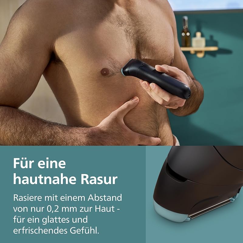 Bodygroom 5000 für Herren – mit Dreifachschutz-Rasiersystem, elektrisch trimmen und rasieren im Intimbereich, klappbarer Rückenaufsatz, 100% duschfest, 100 Min. Laufzeit, Modell BG5480/15