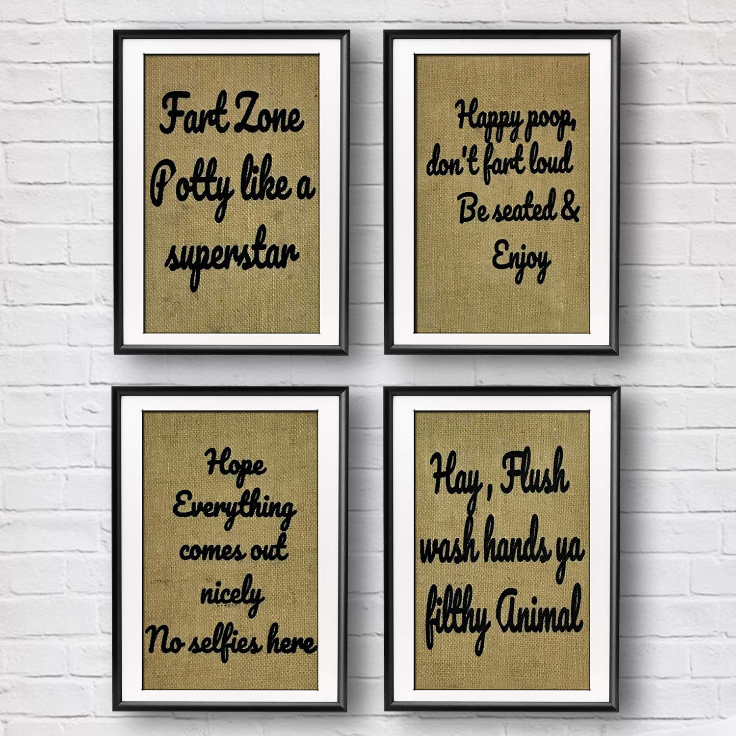 AAYU Burlap Funny Sign with Quote | 9 X 13 Inch Funny Bathroom Quotes Prints | Set of Four Pieces, Unframed | Great Gift for Bathroom Decor, Enjoy Poop,Fart Zone