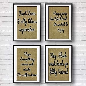AAYU Burlap Funny Sign with Quote | 9 X 13 Inch Funny Bathroom Quotes Prints | Set of Four Pieces, Unframed | Great Gift for Bathroom Decor, Enjoy Poop,Fart Zone