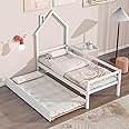 Dolonm Twin Size Bed with Trundle, Corner Bed with House-Shaped Headboard and Fence Guardrails, Wooden Platform Bed Frame, Twin Size Daybed, White