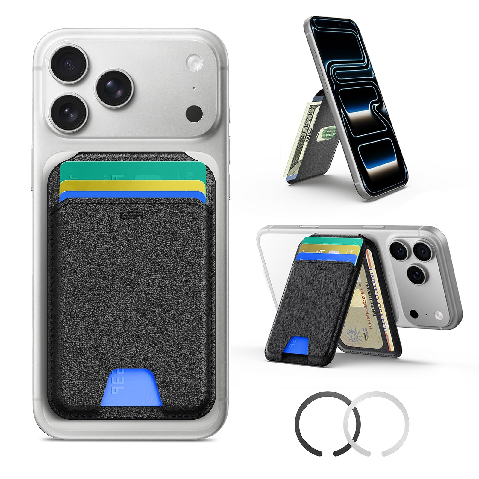 Photo 1 of ESR for MagSafe Wallet with Stand, RFID Blocking with MagSafe Ring, 5 Card Holder for Phone Case, Slim Leather Magnetic Wallet for iPhone 17/16/15/14/13/12 Series(Not for Mini), Selected Samsung,Black