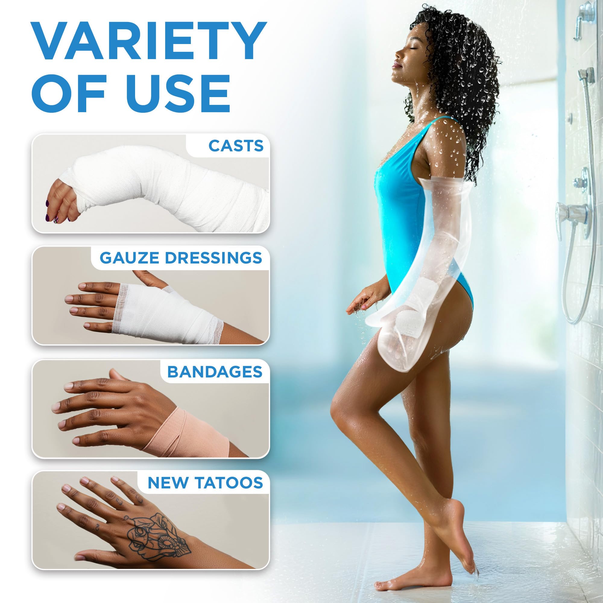 100% Waterproof Cast Covers for Shower Arm Adult - Tight Seal - 2pk Reusable Cast Protectors - Full Arm Bag Sleeves - Strong and Durable