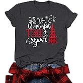 LAWOZZOS Christmas Shirts for Women: Christmas Tree T Shirt Merry and Bright Short Sleeve Xmas Tees Tops