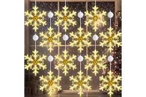 Tujoe 12 Pcs Christmas Window Lights Decorations Light up Window Silhouette Lights with Timer Suction Cup Battery Operated for Xmas New Year Home Wall Fireplace Party Decor(Snowflake,Warm White)