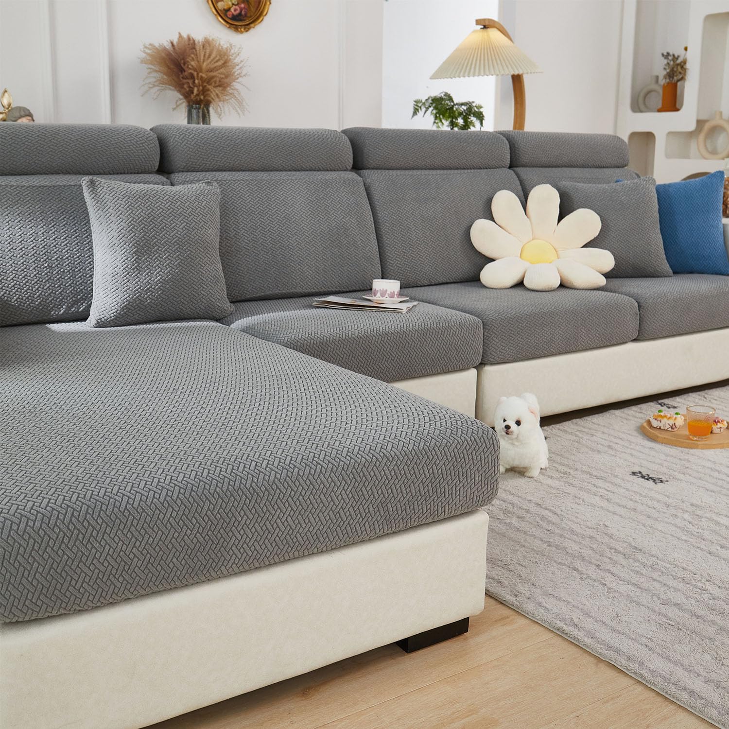 Photo 1 of Disayu Couch Cushion Covers for Sectional Sofa, Sectional Couch Covers for Furniture, Sofa Covers Washable Stretch Sofa Slipcovers Soft,Anti Slip,Skin-Friendly for Pets (Gray,Chaise Cover)