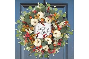 DAZONGE Fall Decor - 18 Inch Fall Wreaths for Front Door - Autumn Artificial Pumpkin Eucalyptus Maples Leaf Wreath - Rustic Fall Thanksgiving Decorations for Home Outdoor Mantel Window Wall