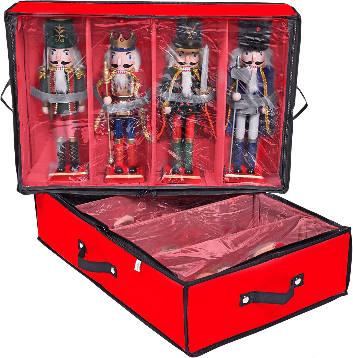 Nutcrackers - ProPik 2 Pack Portable Christmas Figures Storage Box - Each Holds 4 Figurines up to 16inches - Large Adjustable Christmas Nutcracker Decorations Storage Containers - Clear Top, Foldable Design Xmas Decor Accessories Boxes (Red)