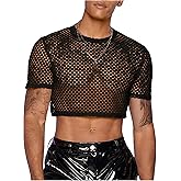 WDIRARA Men's Fishnet Mesh Tee Shirt Round Neck Short Sleeve Crop Top