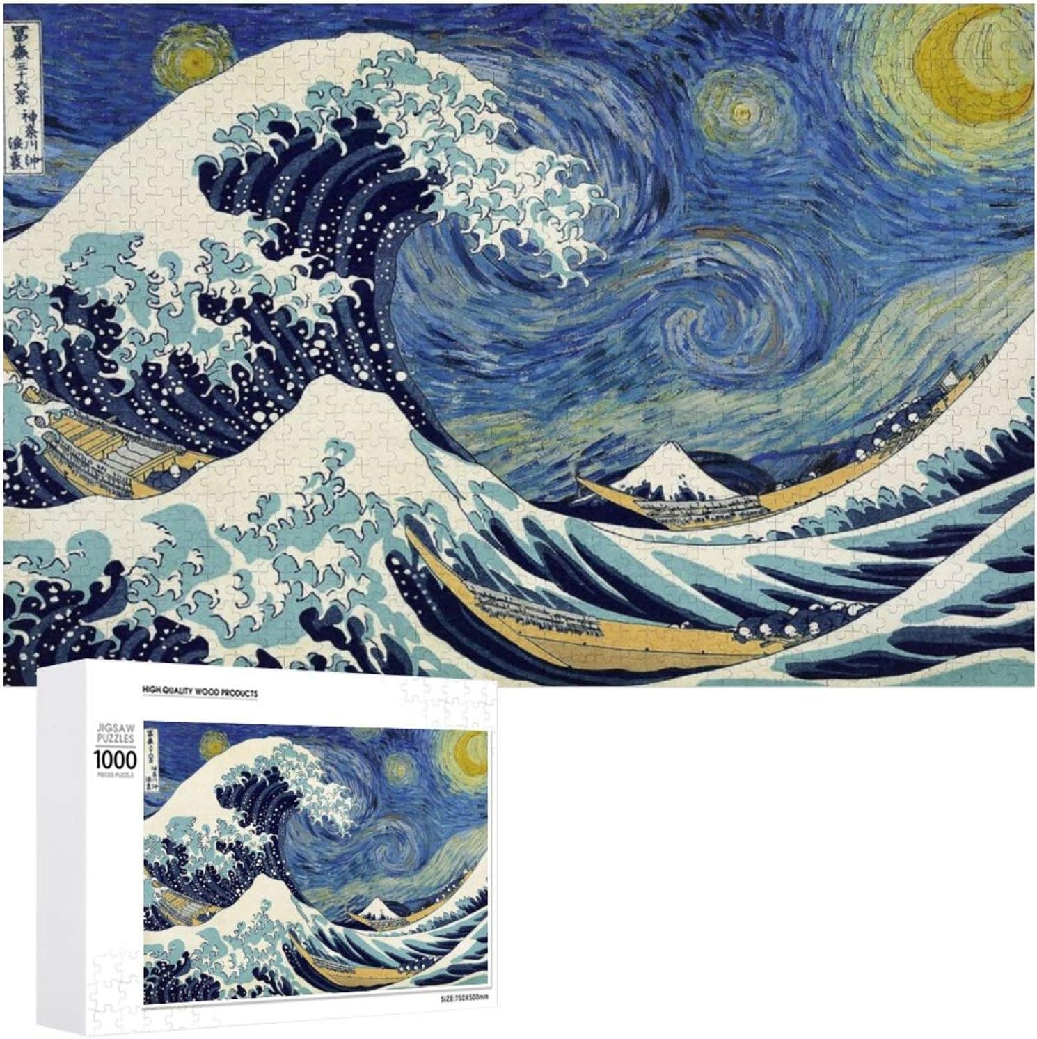 Wooden Jigsaw Puzzles Difficult 500/1000 Pieces,Great Wave of Kanagawa,Starry Night Great Wave,Cute Cartoon Anime Game Entertainment DIY Toys Creative Gift Home Decor for Adult and Kids,Boys,Girls